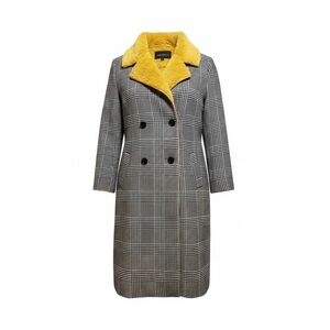 Dolce Cabo Black Herringbone Plaid Dad Oversized Boyfriend Yellow Gold Fur Coat
